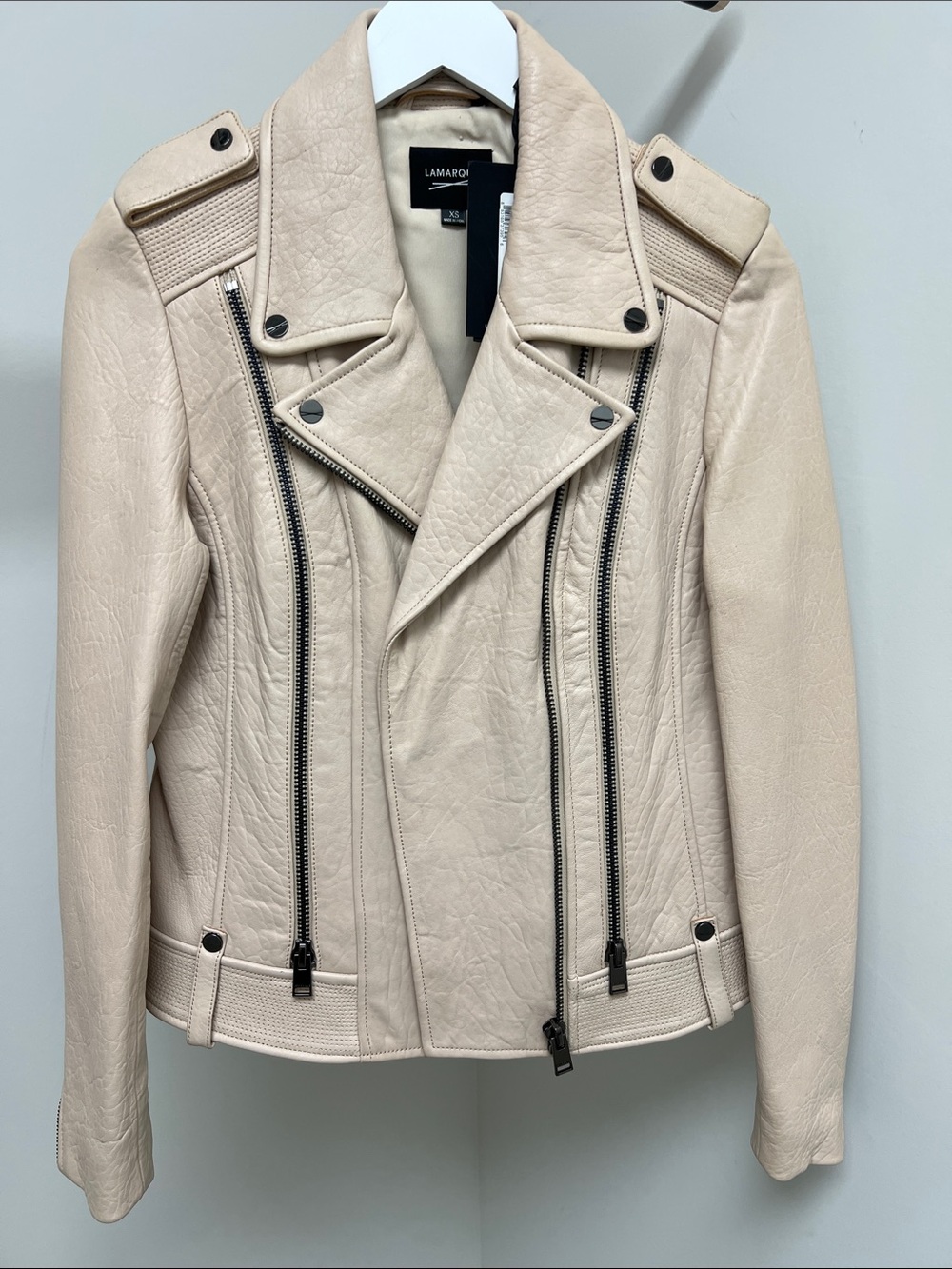 LAMARQUE Creamy Pink Leather Moto Jacket with Zip Details